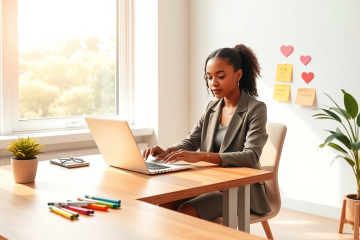 Mujer profesional en oficina moderna escribiendo mensajes para vender y mejorar respuestas sobre consejos de amor con ambiente cálido y luz natural