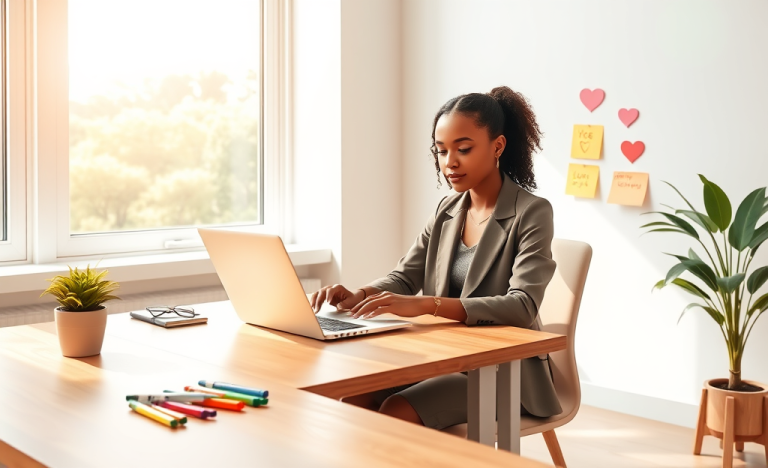 Mujer profesional en oficina moderna escribiendo mensajes para vender y mejorar respuestas sobre consejos de amor con ambiente cálido y luz natural