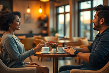 Pareja joven en café conversando animadamente, conectando mejor para mejorar sus citas en apps de citas