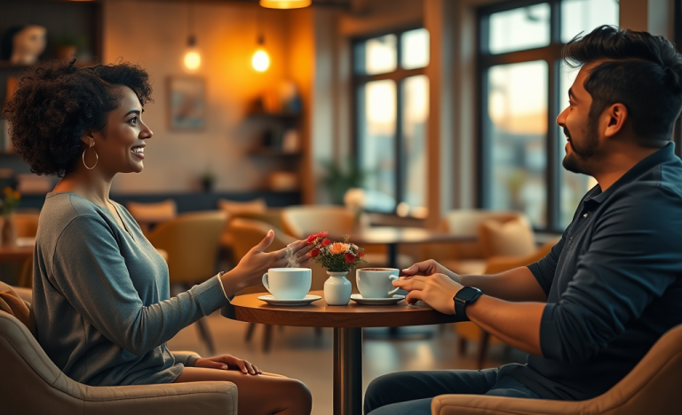Pareja joven en café conversando animadamente, conectando mejor para mejorar sus citas en apps de citas