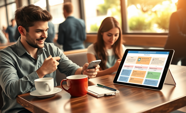 Jóvenes en café usando aplicaciones de relación para conseguir más respuestas y mejorar resultados en citas digitales