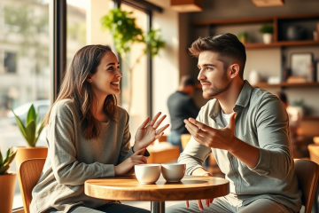 Dos jóvenes conversando animadamente en una cafetería acogedora con luz natural, mejorando sus matches con consejos para mantener la conversación