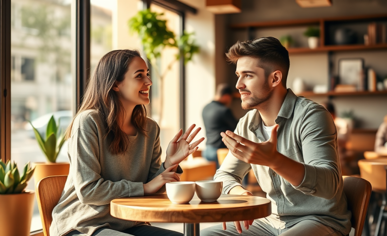 Dos jóvenes conversando animadamente en una cafetería acogedora con luz natural, mejorando sus matches con consejos para mantener la conversación