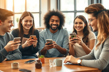 Jóvenes diversos en una cafetería moderna usando apps de citas para mejorar conversación y obtener más matches