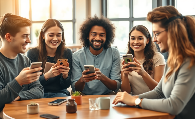 Jóvenes diversos en una cafetería moderna usando apps de citas para mejorar conversación y obtener más matches