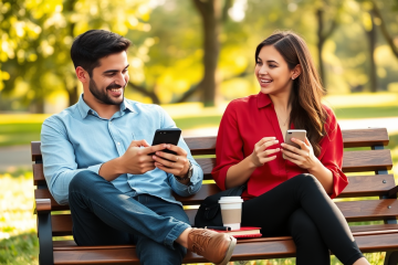 Joven pareja conversando animadamente en apps de citas al aire libre, mostrando conexión y comunicación efectiva