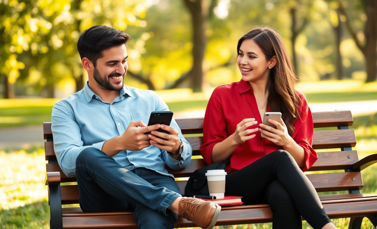 Joven pareja conversando animadamente en apps de citas al aire libre, mostrando conexión y comunicación efectiva