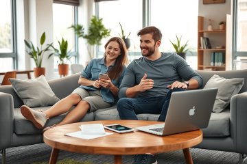 Dos jóvenes en ambiente moderno discuten estrategias para responder mensajes en apps de citas con laptop y notas en una sala luminosa