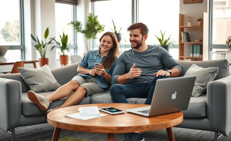Dos jóvenes en ambiente moderno discuten estrategias para responder mensajes en apps de citas con laptop y notas en una sala luminosa