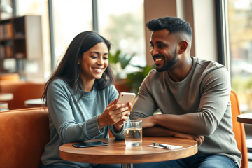 Dos jóvenes conversando en una cafetería moderna, intercambiando mensajes para iniciar conversación en apps de citas