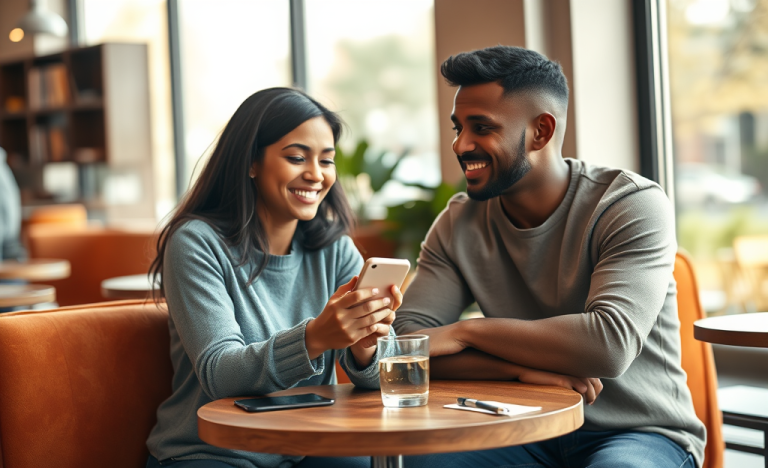 Dos jóvenes conversando en una cafetería moderna, intercambiando mensajes para iniciar conversación en apps de citas