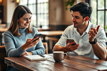 Dos adultos jóvenes usando apps de citas para mejorar conversaciones y conseguir más respuestas en una cafetería moderna