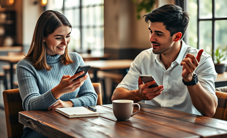 Dos adultos jóvenes usando apps de citas para mejorar conversaciones y conseguir más respuestas en una cafetería moderna
