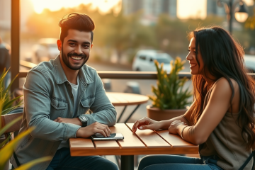 Dos jóvenes conversando de manera natural en una terraza de café con un teléfono móvil que muestra una app de citas visible en la mesa