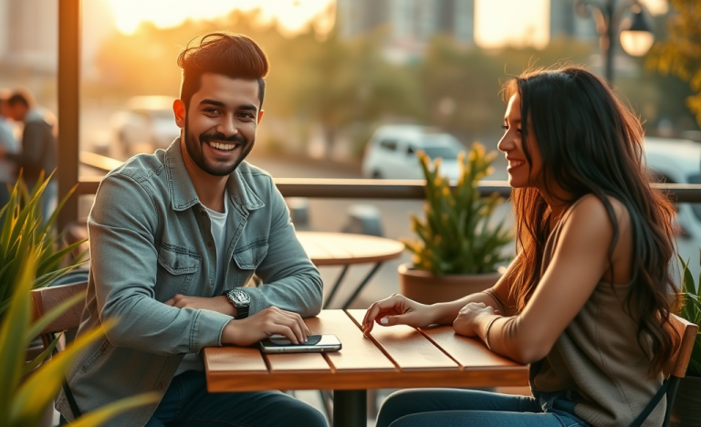 Dos jóvenes conversando de manera natural en una terraza de café con un teléfono móvil que muestra una app de citas visible en la mesa