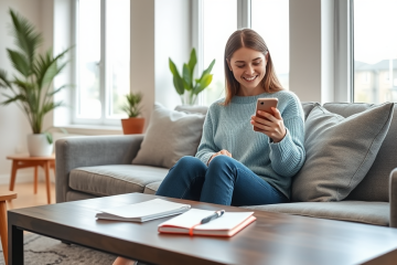 Joven mujer usando smartphone en sala moderna, sonrisa y notas, consejos para apps de citas para más conversaciones