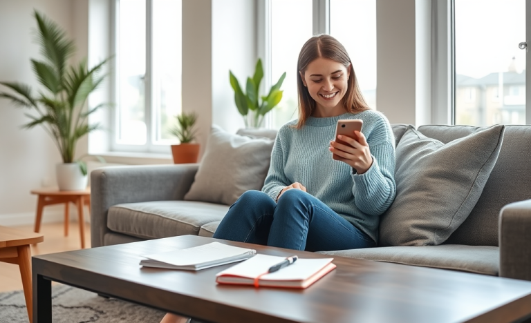 Joven mujer usando smartphone en sala moderna, sonrisa y notas, consejos para apps de citas para más conversaciones