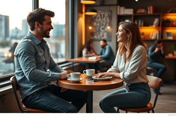 Pareja joven en cafetería moderna iniciando conversación con sonrisas y contacto visual, creando conexión e interés