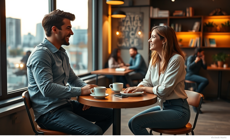 Pareja joven en cafetería moderna iniciando conversación con sonrisas y contacto visual, creando conexión e interés