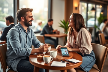 Joven pareja conversando animadamente en un café, mostrando técnicas de conexión para citas y mejorando sus matches