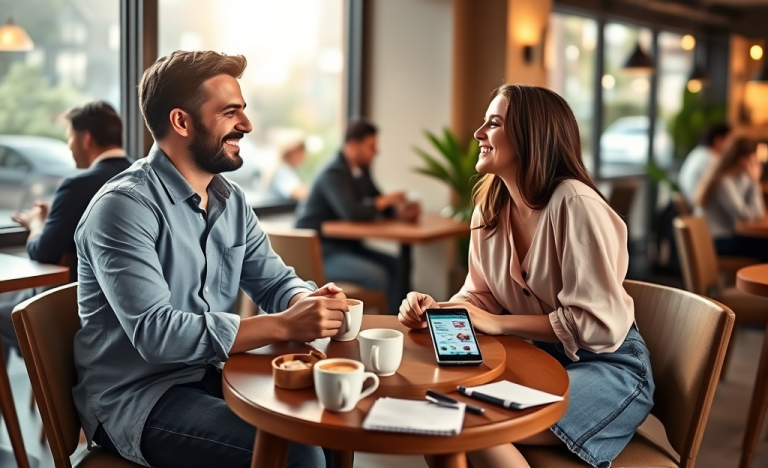 Joven pareja conversando animadamente en un café, mostrando técnicas de conexión para citas y mejorando sus matches