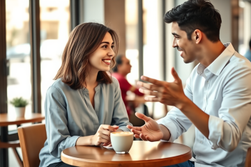 Dos jóvenes conversando animadamente en una cafetería moderna, mostrando consejos para conversar mejor y no perder interés