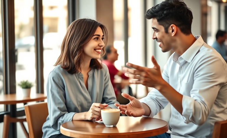 Dos jóvenes conversando animadamente en una cafetería moderna, mostrando consejos para conversar mejor y no perder interés
