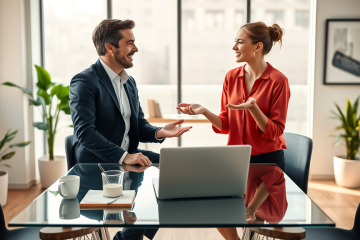 Dos profesionales conversando en una oficina moderna usando estrategias de conversación para conectar y vender más