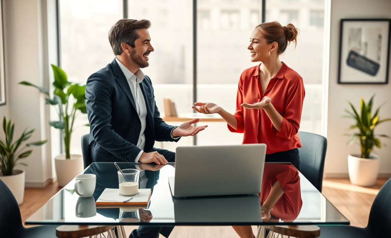 Dos profesionales conversando en una oficina moderna usando estrategias de conversación para conectar y vender más