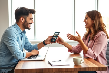Dos jóvenes conversando animadamente en una oficina moderna para mantener interés en citas por apps y mejorar venta