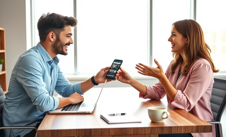 Dos jóvenes conversando animadamente en una oficina moderna para mantener interés en citas por apps y mejorar venta