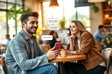 Persona sonriendo e interactuando con app de citas en café moderno, mostrando frases para ligar en apps y lograr más respuestas