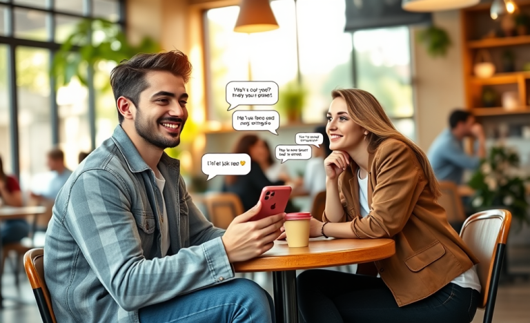 Persona sonriendo e interactuando con app de citas en café moderno, mostrando frases para ligar en apps y lograr más respuestas