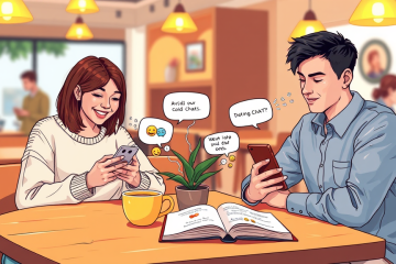 Jóvenes en cafetería moderna usando apps de citas, muestran interacción amena para evitar chats fríos y mejorar matches