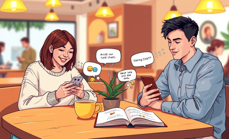 Jóvenes en cafetería moderna usando apps de citas, muestran interacción amena para evitar chats fríos y mejorar matches