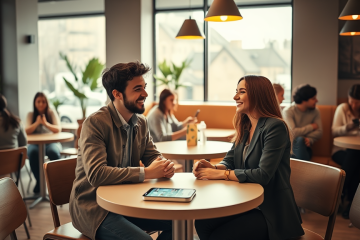 Jóvenes conversando animadamente en un café moderno, usando apps de citas para convertir matches en citas reales