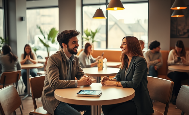 Jóvenes conversando animadamente en un café moderno, usando apps de citas para convertir matches en citas reales