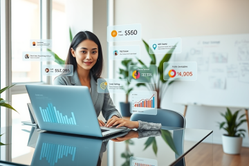 Profesional optimizando contenidos SEO en oficina moderna para apps de citas, con gráficos de interacción y pantallas flotantes