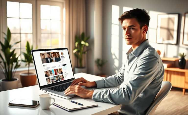Joven en oficina moderna optimizando perfil en laptop para más likes evitando errores, en ambiente iluminado y profesional