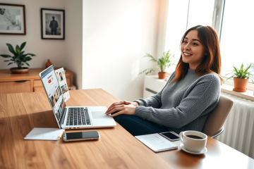 Mujer joven en oficina hogareña optimizando su perfil de citas en laptop para mejorar matches rápidamente