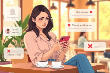 Joven usando una app de citas en un café, mostrando errores comunes que causan perder matches en apps de citas