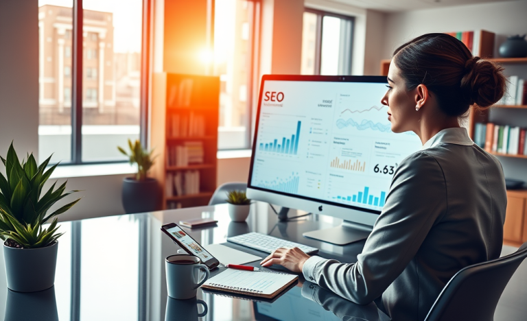 Mujer profesional en oficina moderna optimizando perfil SEO para atraer más clics y mejores leads en marketing digital