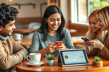 Jóvenes interactuando con apps de citas en un café moderno para mejorar sus conversaciones y resultados amorosos