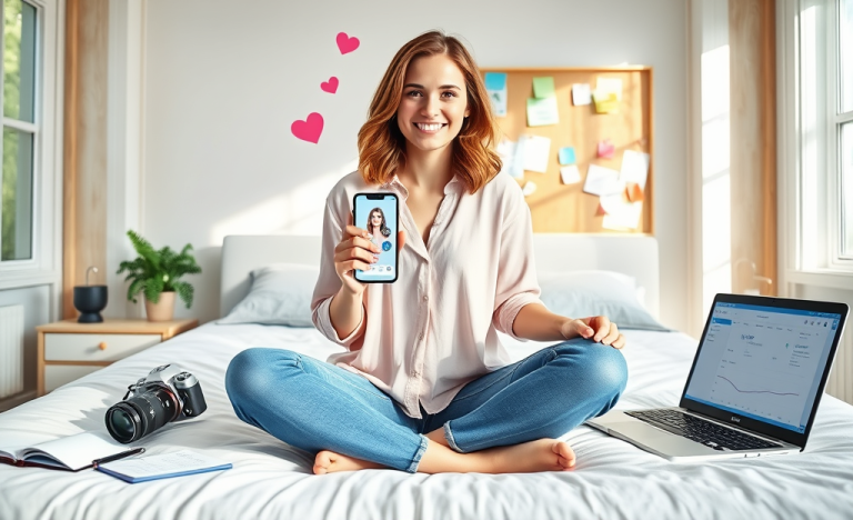 Joven mujer sentada en cama iluminada, optimizando perfil de citas en smartphone para conseguir más matches