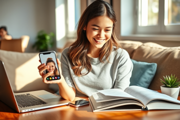 Joven mujer revisando perfil optimizado en app de citas desde su smartphone en sala moderna y acogedora