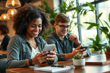 Jóvenes usando apps de citas en un café moderno para mejorar sus matches y conversación con ambiente cálido y natural