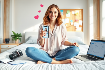 Joven mujer sentada en cama iluminada, optimizando perfil de citas en smartphone para conseguir más matches