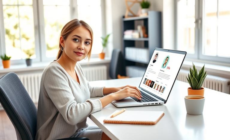 Mujer trabajando en la optimización de su perfil de citas en una oficina moderna iluminada naturalmente para mejorar visibilidad y respuestas