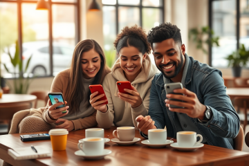 Personas jóvenes usando apps de citas en un café moderno, concentrados en sus teléfonos para conseguir matches y mejorar resultados