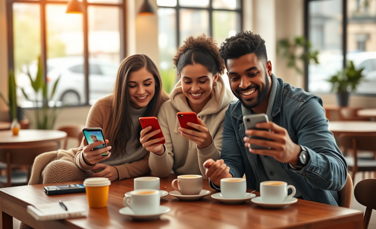 Personas jóvenes usando apps de citas en un café moderno, concentrados en sus teléfonos para conseguir matches y mejorar resultados